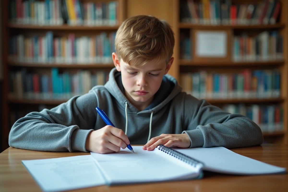 Adolescent concentré préparant son discours de candidature au poste de délégué de classe dans une bibliothèque scolaire