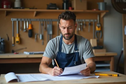 Homme en tablier de bricolage étudiant les prérequis de certification sur une fiche imprimée dans un atelier organisé