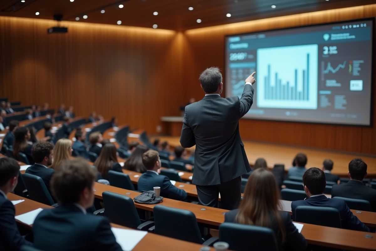 Professeur présentant le classement des écoles de commerce lors d'un cours en amphithéâtre en région française