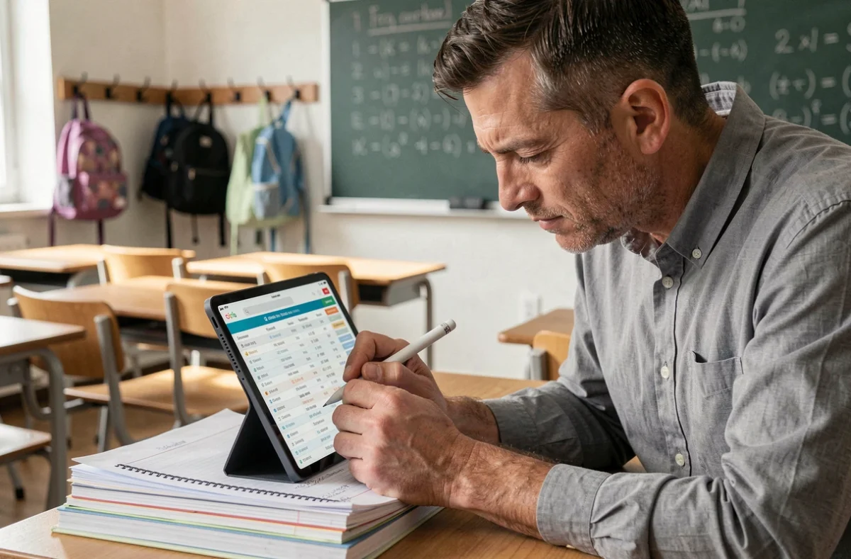 Professeur corrigeant des devoirs numériques sur tablette avec le logiciel Ecole Direct dans une salle de classe vide