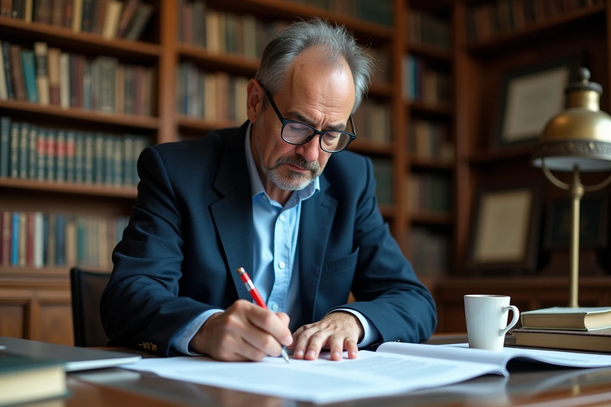 Professeur universitaire corrigeant des exemples de dissertations dans un bureau académique rempli de livres