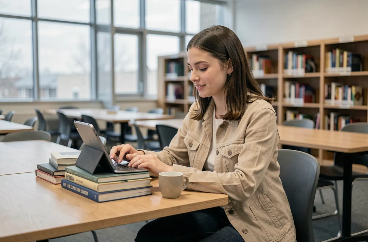 Jeune professeure stagiaire consultant ses mails Toutatice sur une tablette dans une bibliothèque universitaire