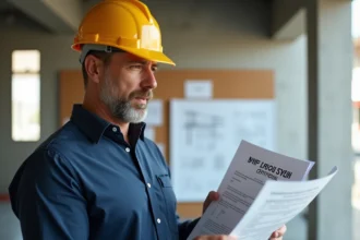 Professionnel du BTP examinant son certificat de qualification dans un centre de formation spécialisé