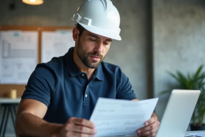 Professionnel du BTP consultant un document de certification CPF à son bureau dans un open-space moderne