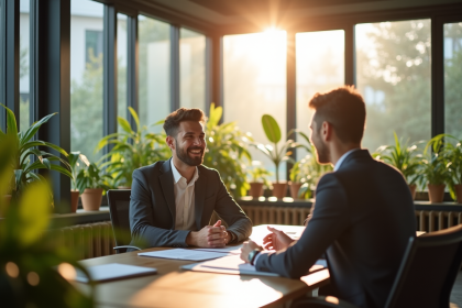 Professionnel en bureau moderne discutant de carrière avec un manager