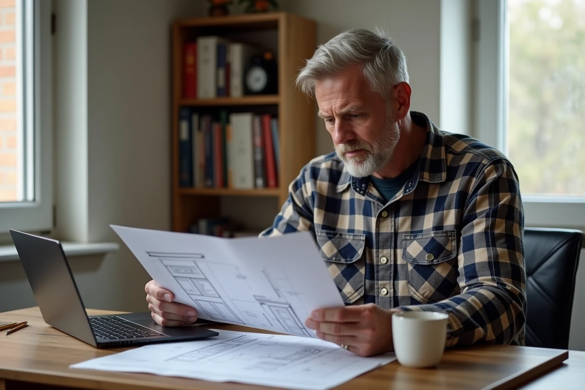 Homme en reconversion étudiant un dossier de formation menuiserie CPF à domicile avec des plans techniques