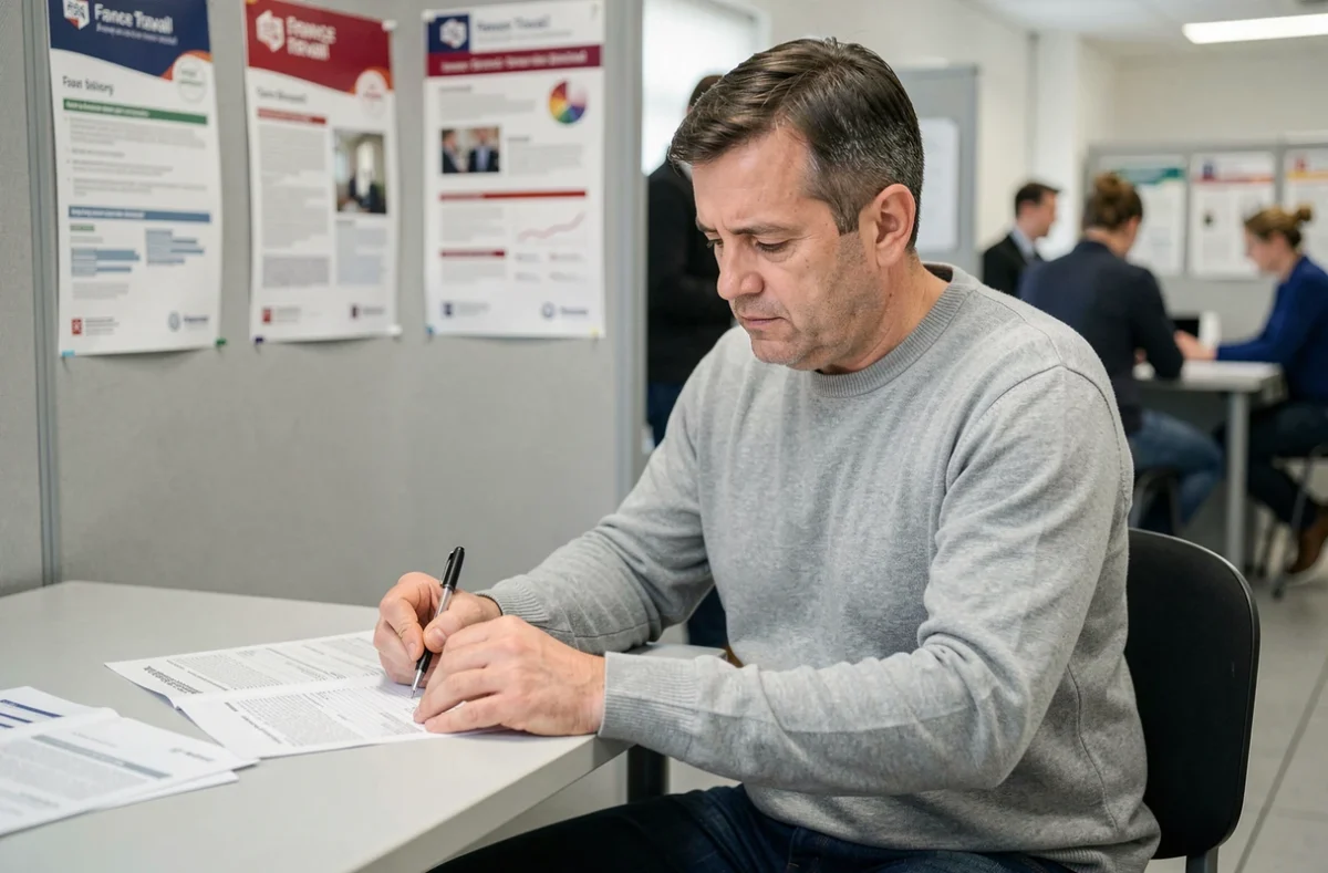 Homme remplissant un formulaire de réinscription dans une agence France Travail