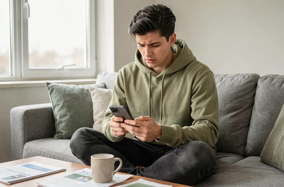 Jeune adulte consultant son smartphone pour éviter les erreurs lors de sa réinscription France Travail