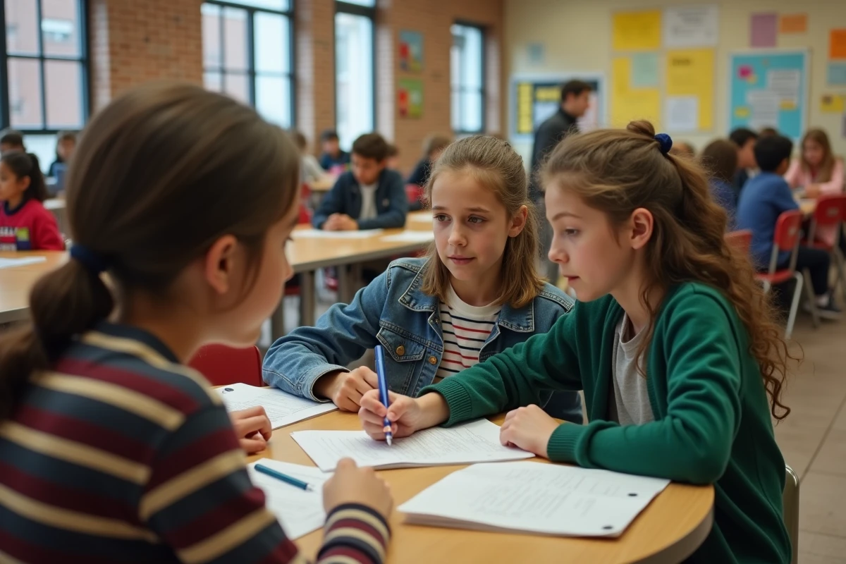 Groupe d'adolescents répétant ensemble un discours de délégué autour d'une table dans une cafétéria scolaire