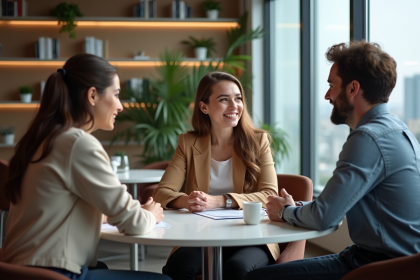 Trois adultes en réunion dans un espace moderne
