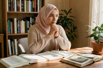 Jeune femme en hijab faisant une pause de dua pendant ses révisions entourée de livres et d'un Coran ouvert