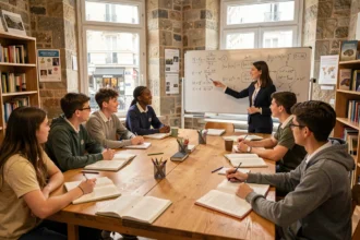 Groupe d'élèves parisiens en séance de soutien scolaire autour d'une grande table dans un centre éducatif moderne