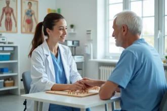 Étudiante ergothérapeute en stage pratique guidant un patient âgé dans un exercice de motricité fine en clinique