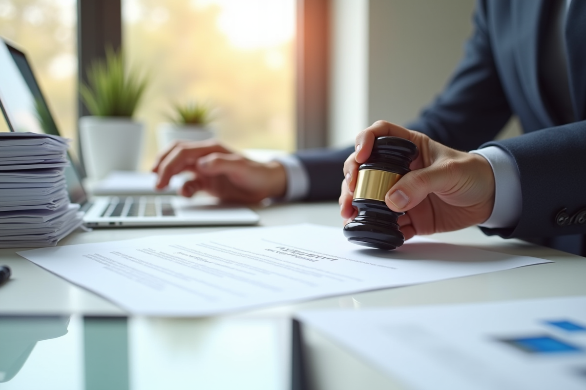 Mains apposant un tampon sur un document juridique avec un site gouvernemental