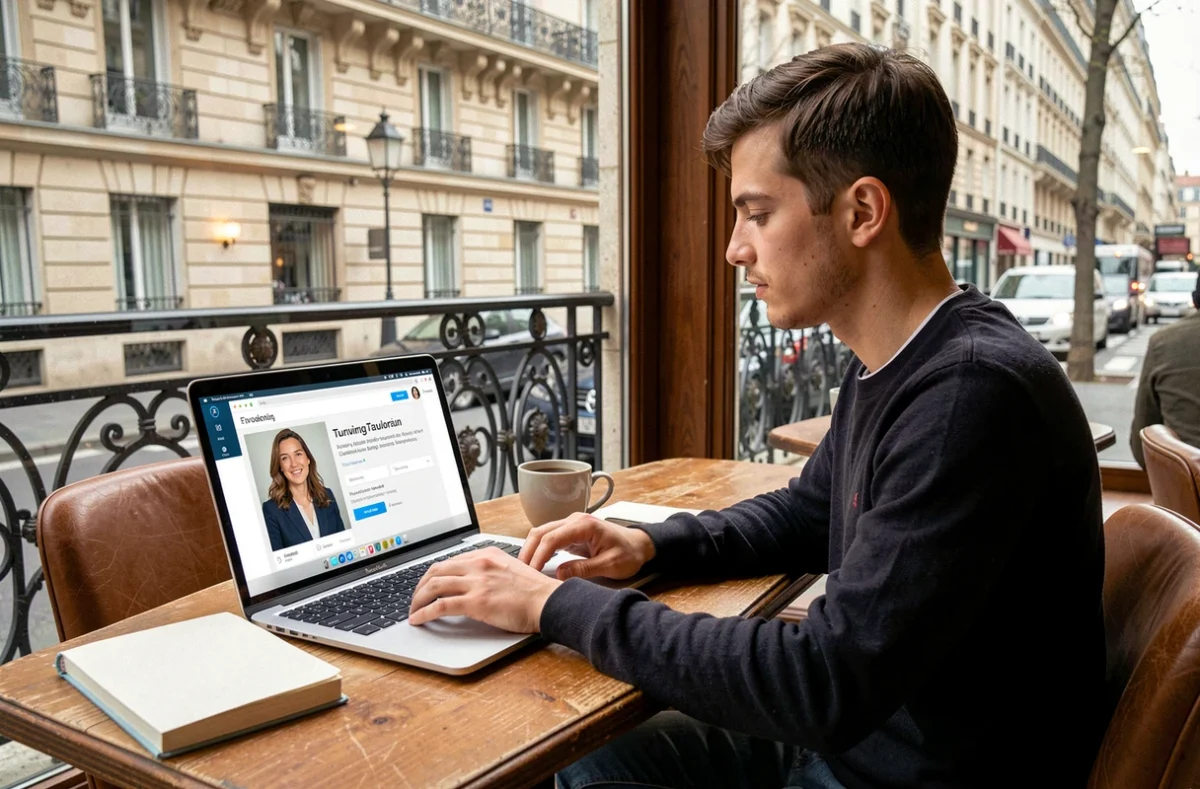Un étudiant parisien recherche un professeur particulier sur la plateforme Superprof depuis un café