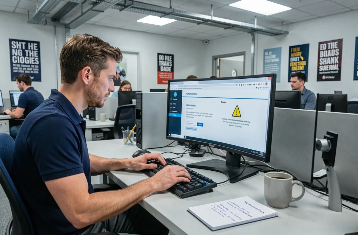 Technicien informatique universitaire résolvant des problèmes de connexion à l'ENT sur un poste de travail multi-écrans