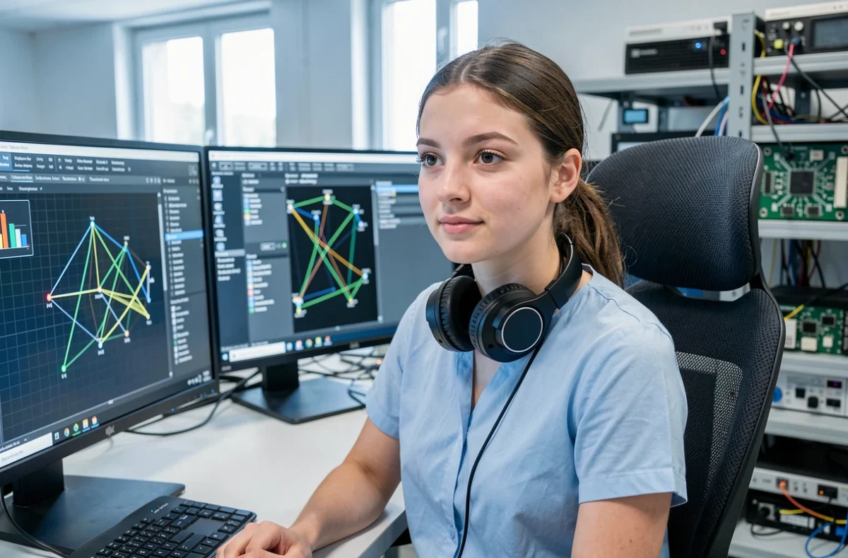 Étudiante dans un laboratoire de télécommunications de Télécom Paris, travaillant sur des systèmes de réseaux et d'analyse de signaux