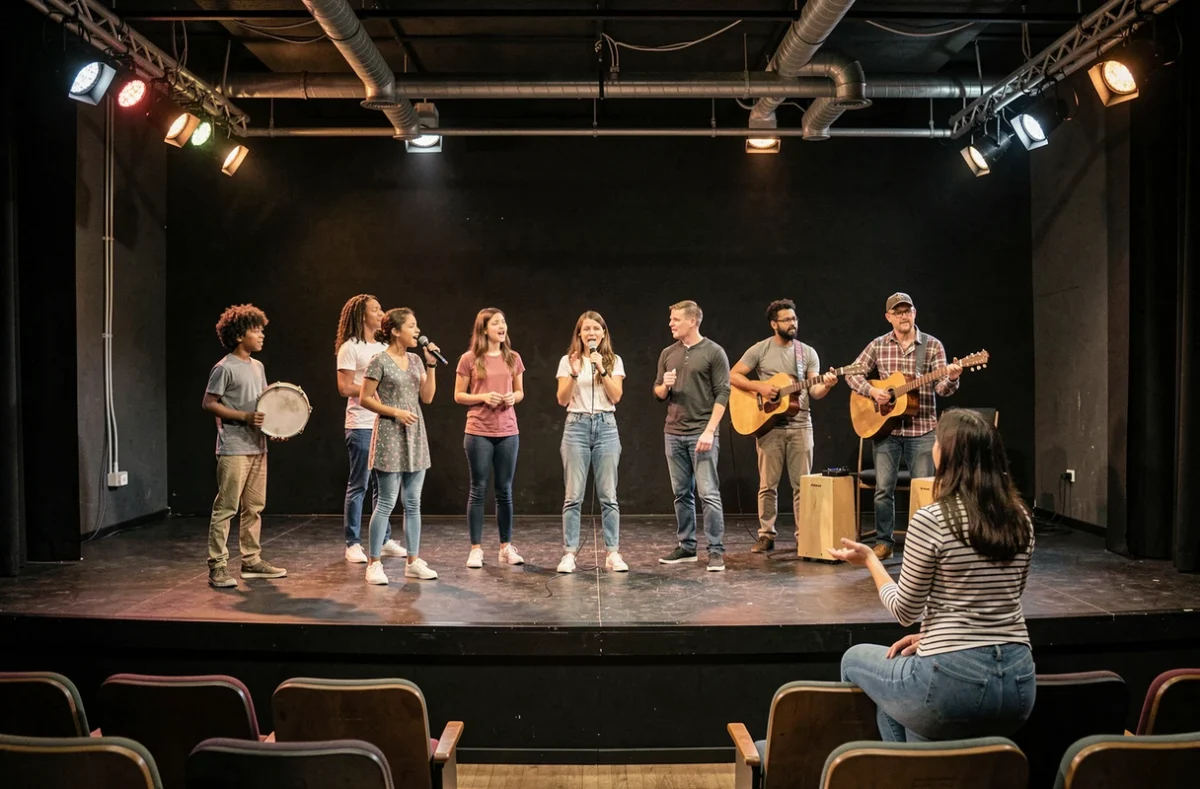 Groupe d'élèves de tous âges en répétition sur scène à l'école de musique et arts du spectacle Tous en Scène