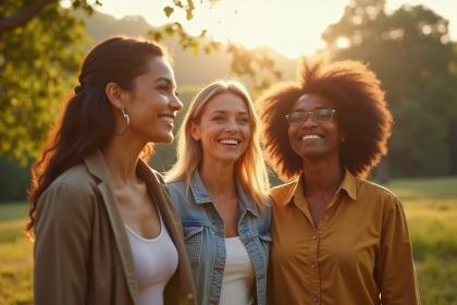 Trois personnes diverses inspirées en plein air nature
