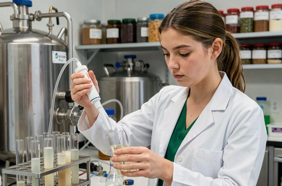 Étudiante en bioprocédés manipulant des échantillons alimentaires dans un laboratoire de UniLaSalle Rouen, école spécialisée en alimentation
