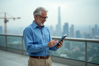 Ingénieur urbain avec tablette devant skyline