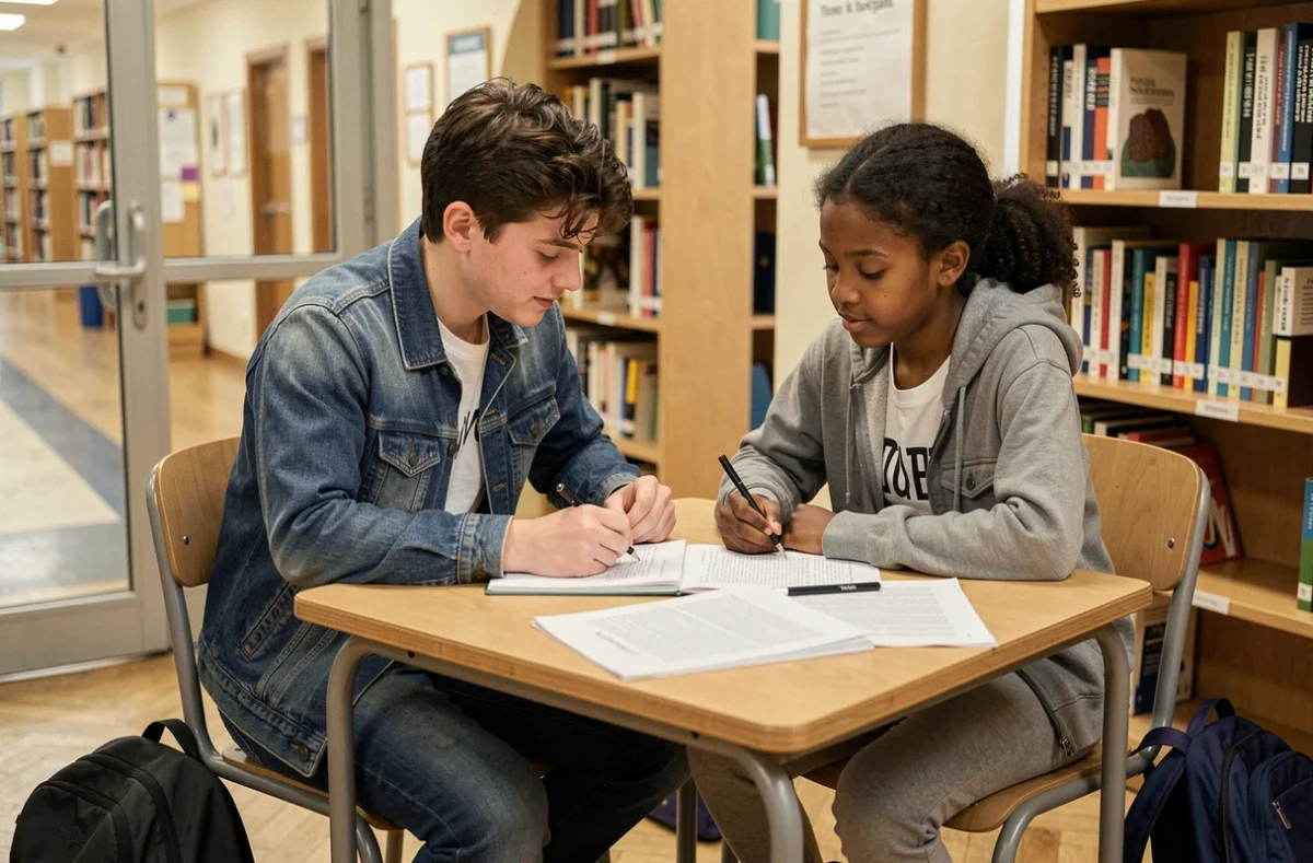 Deux collégiens participent à une session de tutorat solidaire Zup de Co dans un établissement scolaire parisien
